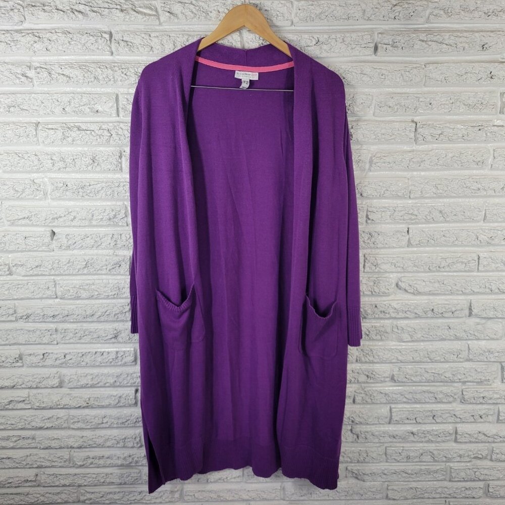 Isaac Mizrahi Live Womens Sweater 1X Purple Cardigan Knit Open Pockets SWE162E